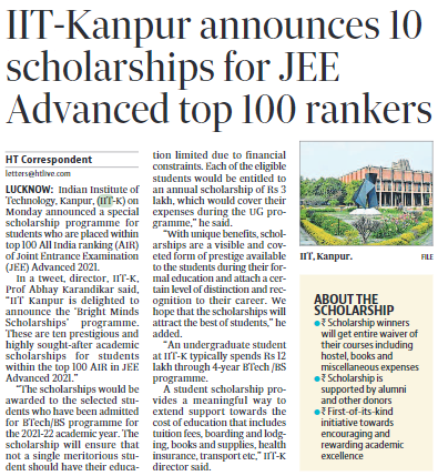 IIT-Kanpur launches 10 scholarships for JEE Advanced top 100 rankers